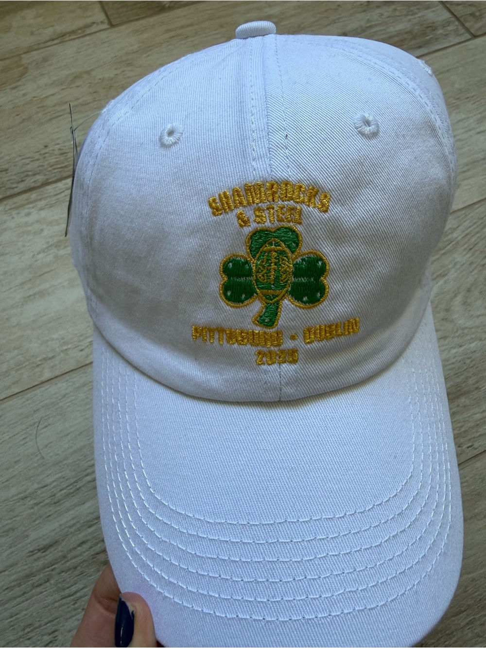 Steelers 2025 Dublin Game White Dad Cap with Green & Gold Shamrock Embroidery